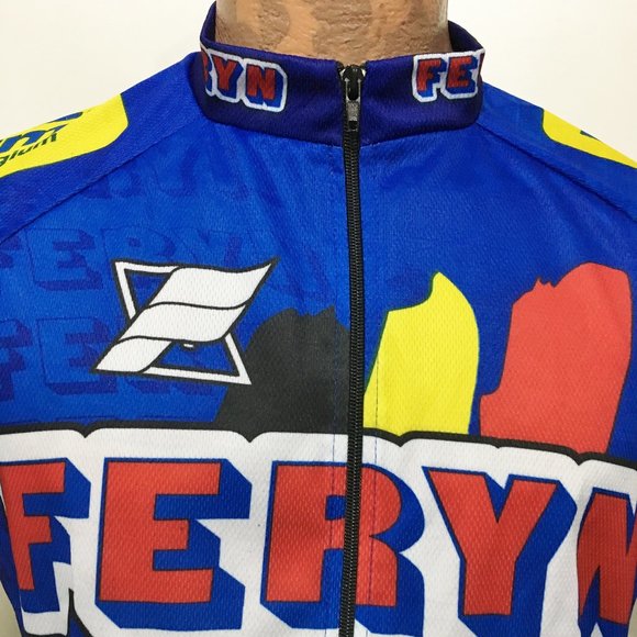 Feryn Mens 5 L Full Zip Short Sleeve Blue Yellow Red Bike Jersey Belgium Cycling - Picture 2 of 6